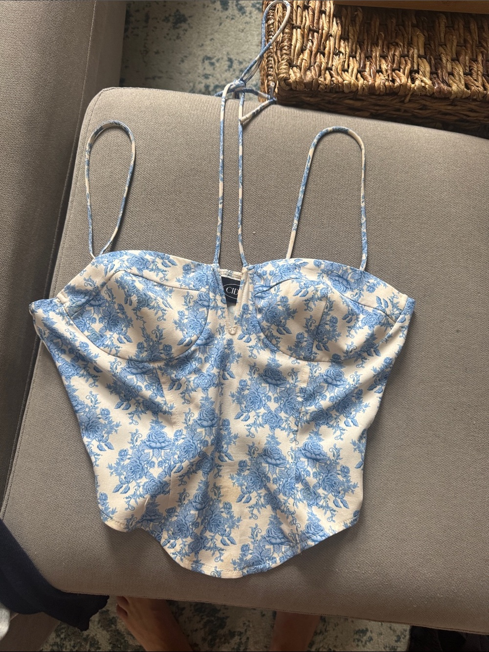 Cider Blue Floral Toile Corset Crop Top on Cream